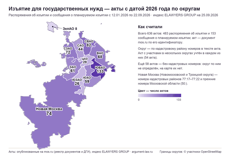 Карта Москвы по округам: число распоряжений об изъятии и сообщений о планируемом изъятии, датированных с 1 января 2026 года